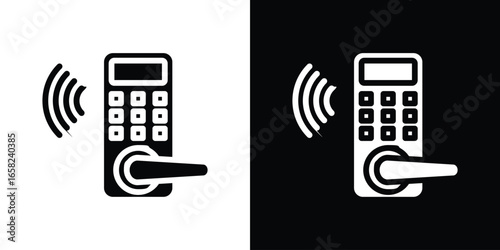Digital Door Lock Icon in Black and White with Wireless Signal