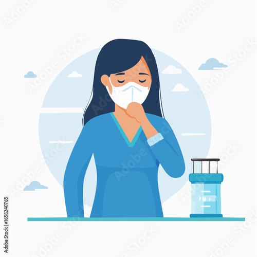Patient coughing into a sterile container for sputum sample collect 