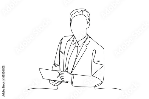 simple continuous line draw of banker activity writing while standing. Business minimalist concept. Banker minimalist concept. Banker activity.