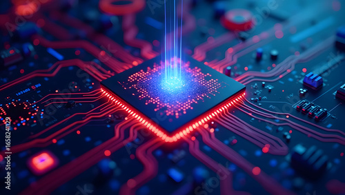 Printed circuit board with a macro view of computer technology and electronic components