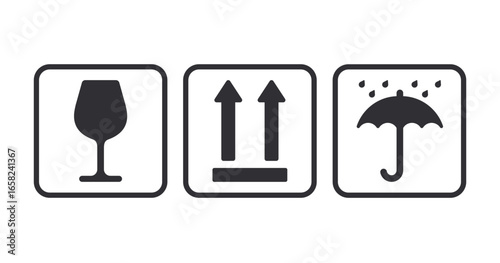 The sticker on the package. Transportation stickers. Shipping sticker. Carefully fragile. Keep away from moisture. Protection from moisture. Transportation of goods. This side up. Stickers on the pack