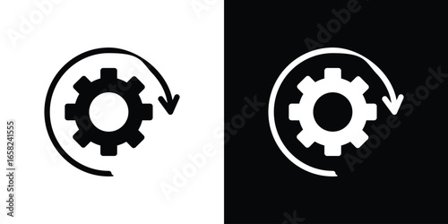 Gear Icon with Rotating Arrow, Isolated on White and Black Background