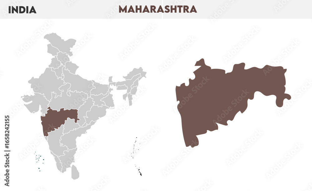 Fototapeta premium Maharashtra administrative map, Indian states, suitable for education, business, presentations, print, web use, and creative geographic projects. Indian union territory.