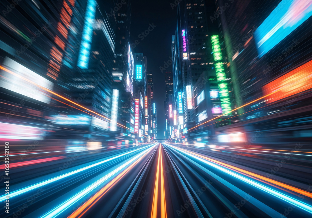 Obraz premium Blurring neon lights of a futuristic city street at night creating a sense of speed and motion with vibrant colors