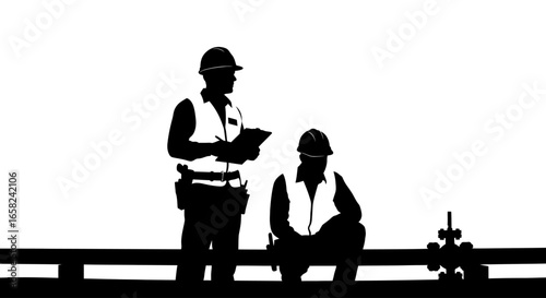 Silhouetted construction workers reviewing plans near industrial equipment.