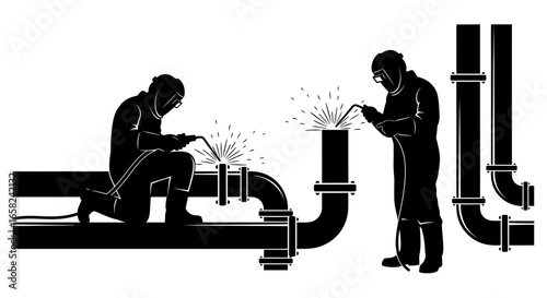 Two silhouetted welders work on large pipes, sparks flying, illustrating industrial pipework.