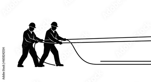 Two workers in hard hats collaboratively pull a long, heavy object using thick ropes.