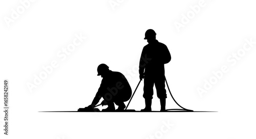 Two workers in silhouette, one kneeling and working on the ground, the other standing with a hose or cable.