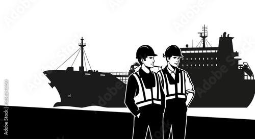 Two ship workers in conversation, silhouetted against a large tanker ship.