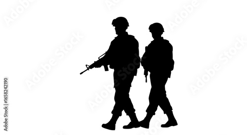 Two soldiers patrol, one armed, walking in unison against a white background.