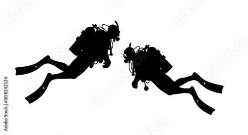 Two scuba divers silhouetted against a white background, exploring underwater.
