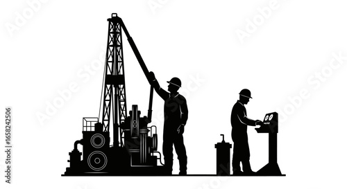 Silhouette of workers operating a drilling rig, extracting resources from the earth.