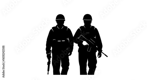 Two soldiers stand side-by-side, armed with rifles, rendered in silhouette against a white background.