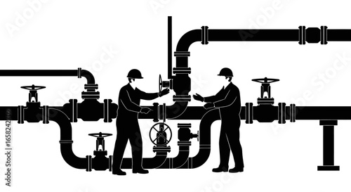 Two workers adjust valves on a complex network of pipes and fittings, wearing hard hats and uniforms.