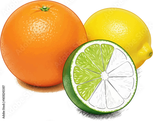 Conceptual Art Sketch Style A Still Life of Three Citrus Fruits