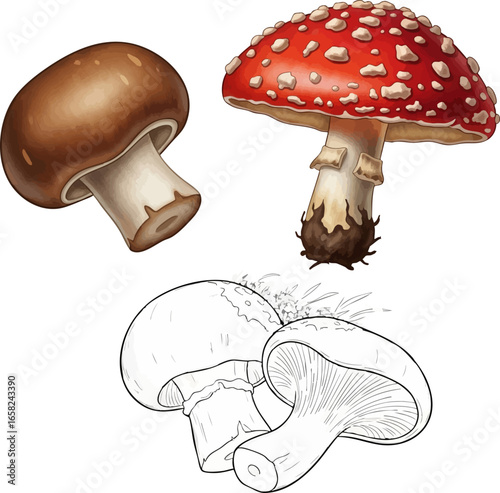 Conceptual Art Sketch Style A Still Life of Three Mushrooms