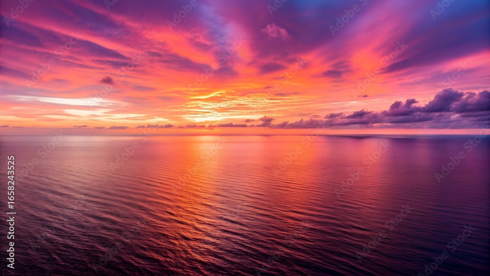Fototapeta premium Vibrant sunset over a calm ocean with dramatic sky