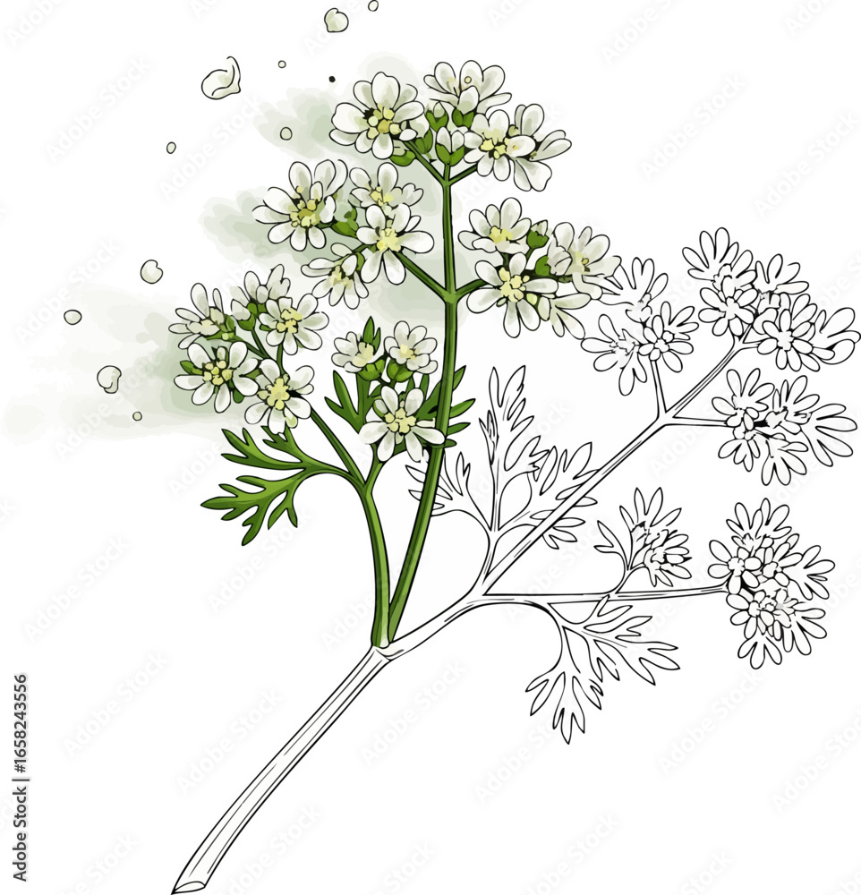 Fototapeta premium Conceptual Art Sketch Style Flowering Cilantro