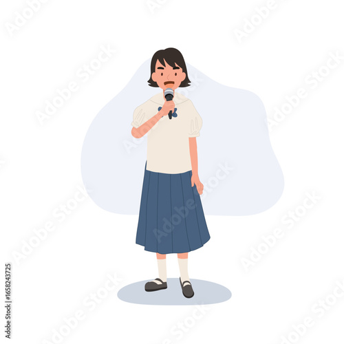 thai schoolgirl in school uniform speaking with microphone education student presentation