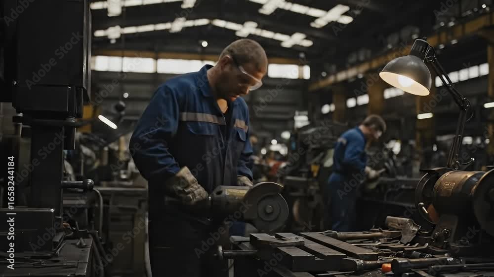 Inside a factory workers in blue overalls are amidst tools machinery and an illuminated lamp Inside a factory workers in blue overalls are amidst tools machinery and an illuminated lamp