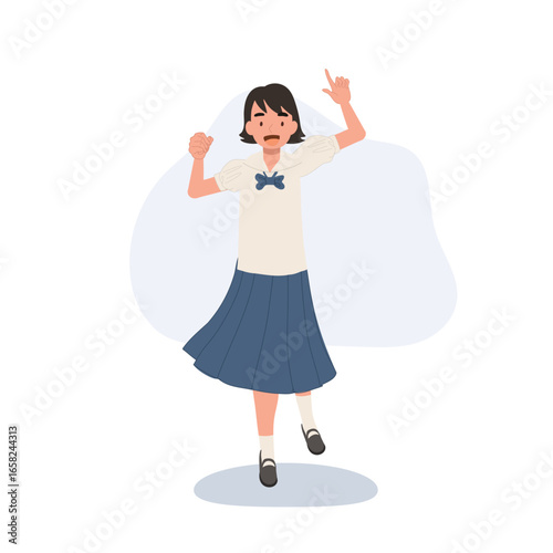 a thai schoolgirl wearing traditional school uniform showing playful gesture suitable