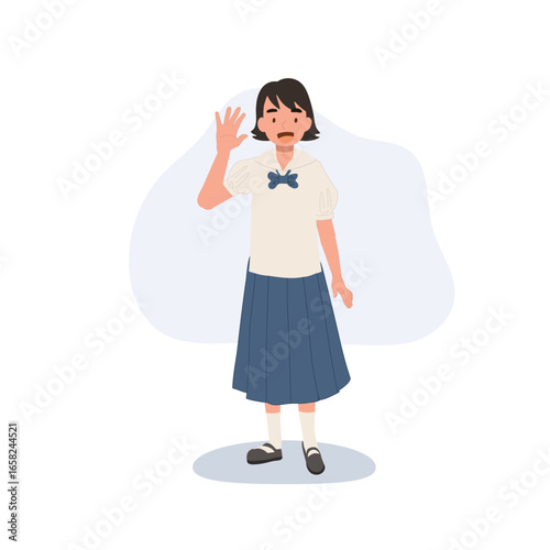thai schoolgirl in uniform standing and waving hand representing education culture and student life