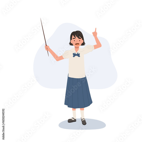 asian schoolgirl in thai uniform raising hand and presenting education culture concept