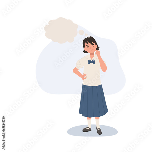 a thai schoolgirl in traditional school uniform standing thoughtful with a cloud bubble symbolizing