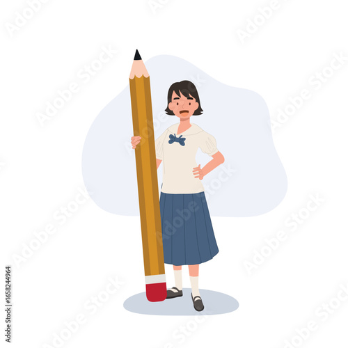 a thai schoolgirl in traditional school uniform holding a giant pencil, perfect for education themes, back to school