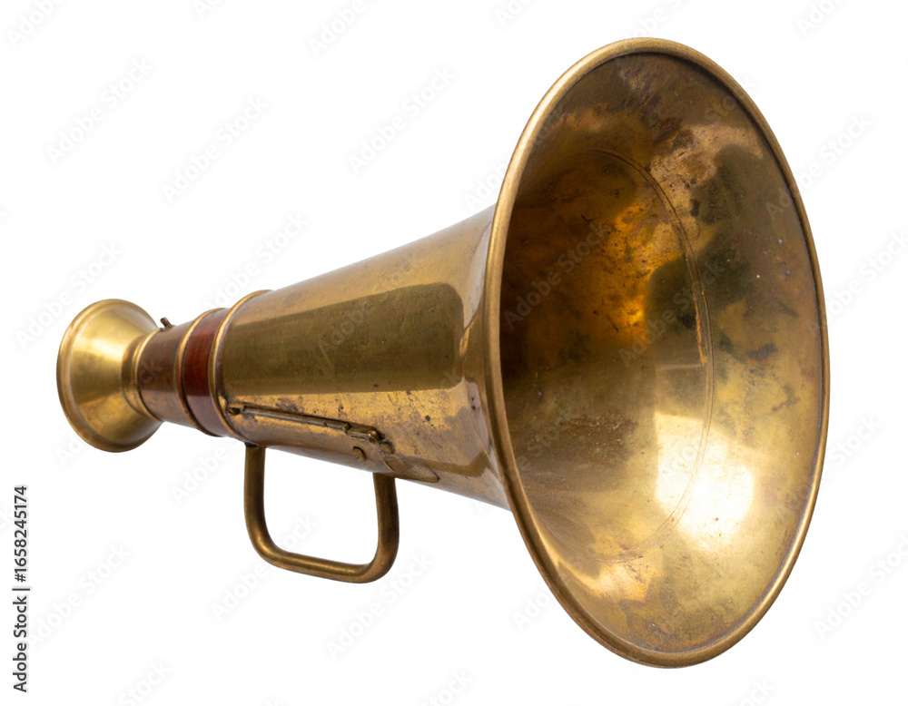 Naklejka premium Classic Vintage Brass Megaphone, Front View, isolated on transparent background.