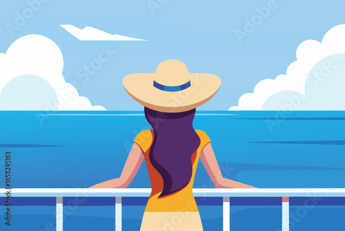 Illustration of a woman in summer hat on ship deck, admiring scenic ocean view under clear sky—evokes relaxation, leisure, and tranquility. Ideal for travel, lifestyle, and wellness themes.