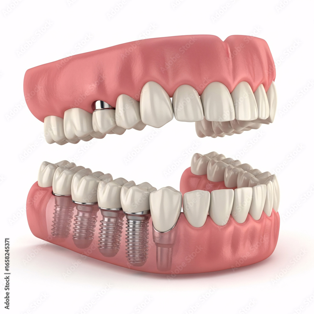 Fototapeta premium Realistic 3d rendering of dental implants and dentures showcasing advanced tooth replacement and oral health solutions for a healthy smile