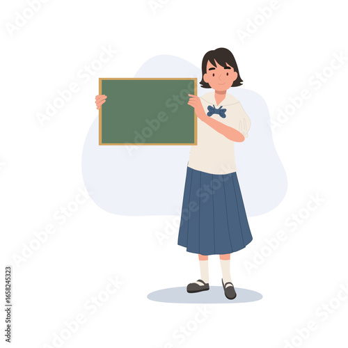 thai student school girl in uniform holding chalkboard