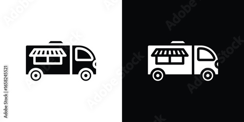 Food Truck Icon in Black and White with Striped Awning