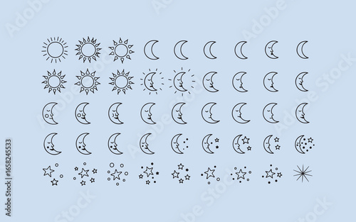 Celestial icons featuring sun and moon phases in a decorative pattern