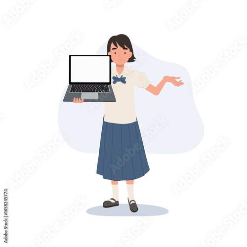 a student schoolgirl in uniform holding a laptop representing online study digital learning and modern education for classroom and home learning