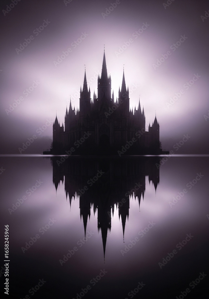 Fototapeta premium Mysterious silhouette of a gothic castle reflected perfectly in still dark water under a dramatic twilight sky