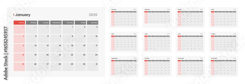Clean and simple 2026 calendar design. 2026 monthly calendar template for company. Daily planner calendar template.