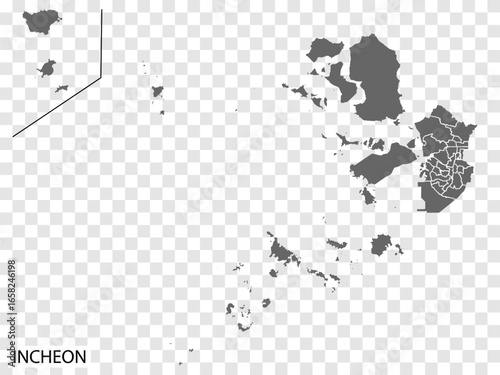 High Quality map of Incheon is a city  of  South Korea, with borders of the districts. Map of  Incheon for your web site design, app, UI. EPS10.