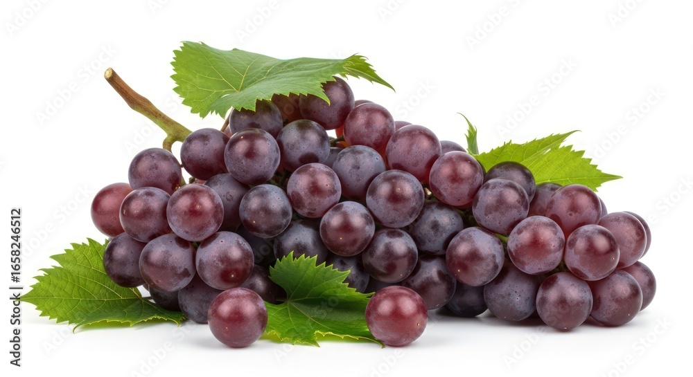 Fototapeta premium Fresh Red Globe Grapes with Leaves on White Background
