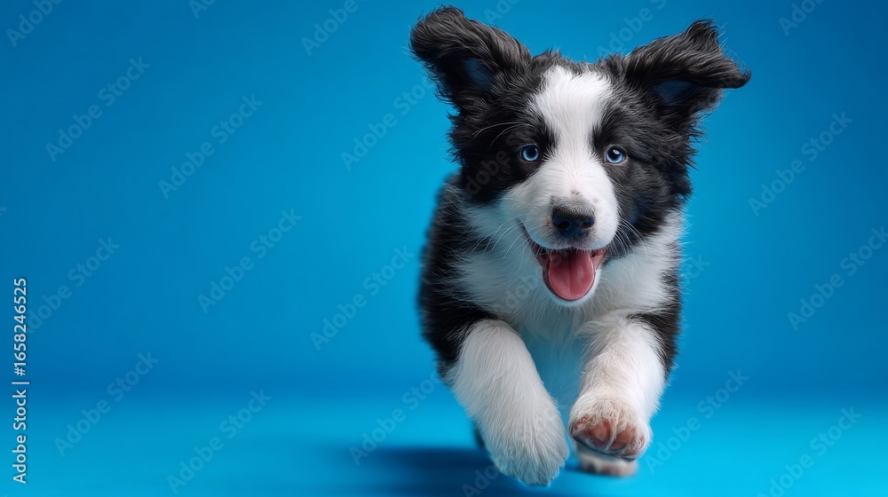 Fototapeta premium Playful Border Collie puppy portrait isolated on vivid blue background, joyful family pet advertising banner, 3D render with textured base