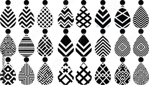 Black and white teardrop earrings, geometric pattern jewelry, abstract fashion accessory, modern design, stylish studs, minimal art, handmade look
