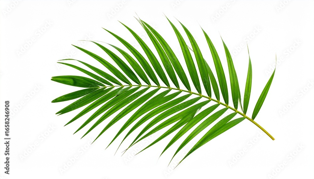 Fototapeta premium Single green palm leaf with central stem and symmetrical slender leaflets; isolated on a clean background
