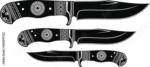 Decorative knife silhouette set, black blade designs, artistic handle patterns, vintage weapon icons, ornate cutting tools, traditional edged craftsmanship