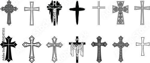 Cross illustration, Christian symbol, religious icon, crucifix design, faith artwork, black and white, Jesus Christ, spiritual sign, holy graphic, decorative cross