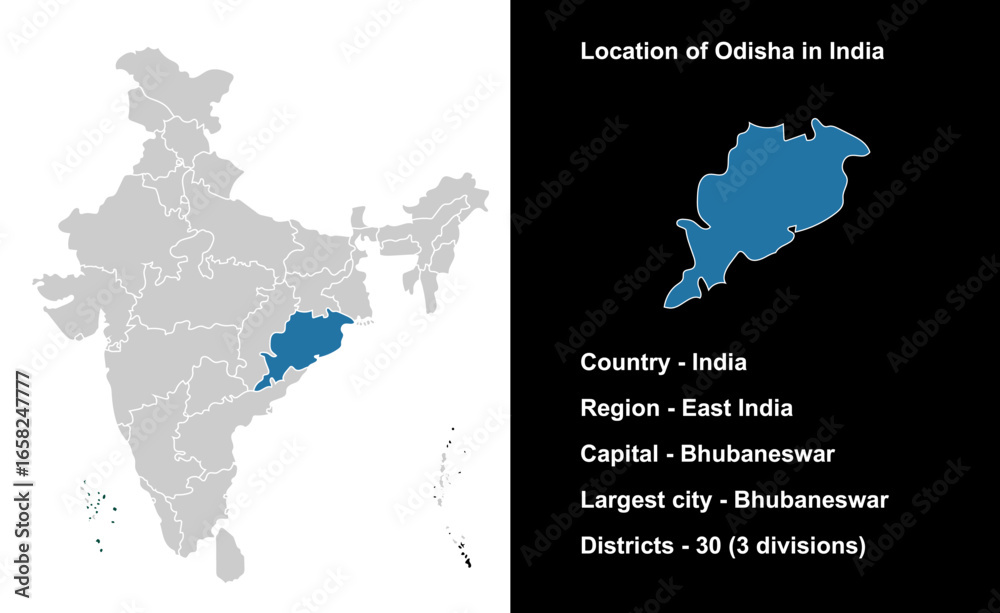 Naklejka premium Odisha State Outline Map India, Indian states, suitable for education, business, presentations, print, web use, and creative geographic projects. Indian union territory.