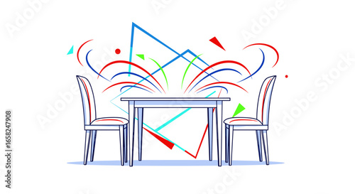 Celebrate success with vibrant abstract design elements exploding from a modern table and chairs