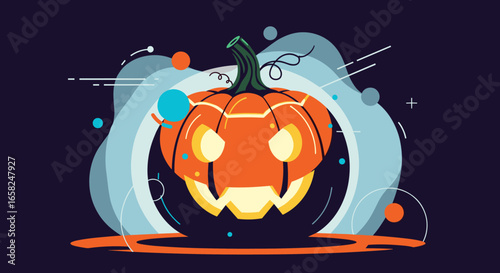 Spooky Halloween pumpkin glowing with an eerie yellow light, set against a dark, abstract background with colorful elements.