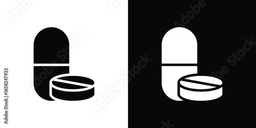 Capsule and Tablet Icon, Isolated on White and Black Background