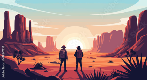 Adventurous hikers marvel at stunning desert canyon sunset, embracing vast outdoor exploration and natural beauty.